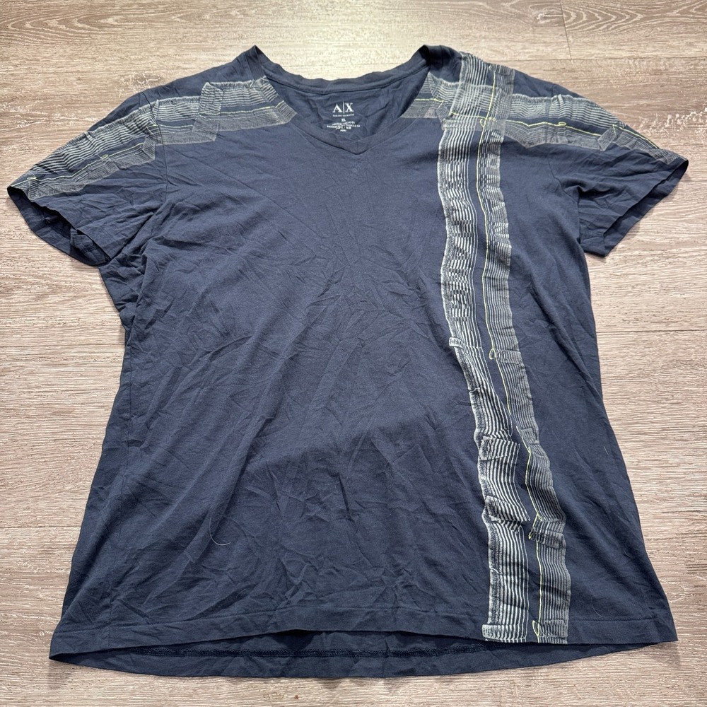 Armani Exchange Shirt Mens XL Blue Graphic Print V Neck 100% Pima Cotton Y2K